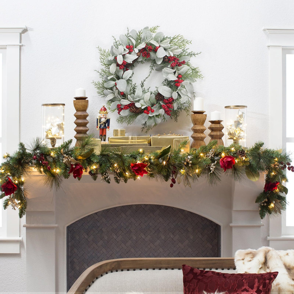 19'' Christmas Wreaths for Front Door, Aesthete Lambs Ear Wreath with Red Berries Pinecone Decor for Indoor Outdoor Christmas New Year Gift Kmise