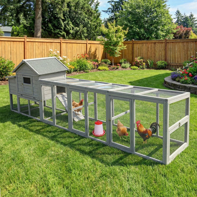 141" Gray Large Wooden Chicken Coop with Nesting Box