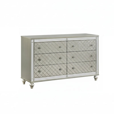 6 Drawer Bedroom Dresser With Diamond Patterned Drawer Fronts - Silver