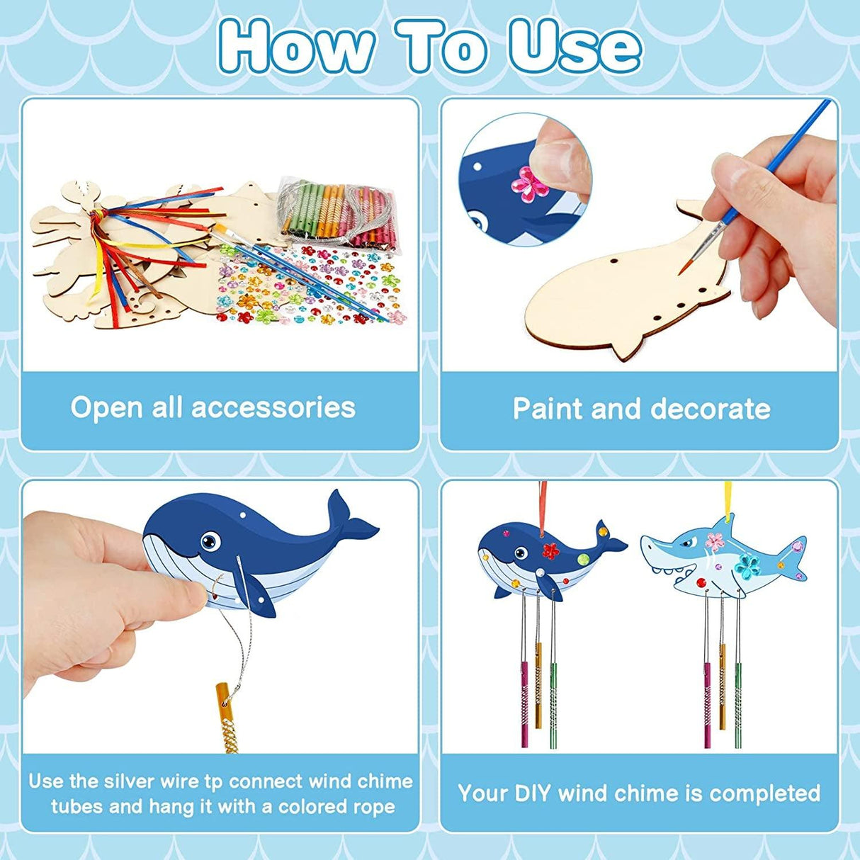 Create Your Own Ocean Animals Wind Chime Kit for Kids – 9 Pack DIY Wooden Craft WoodArtSupply