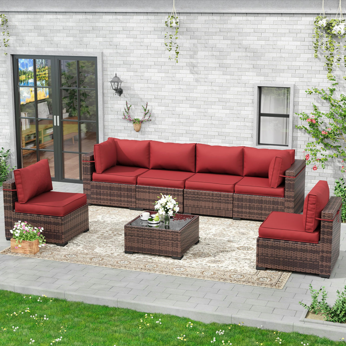 Amopatio 7 Pieces Patio Furniture Set, Outdoor Furniture Sectional Rattan Sofa Sets, Patio Couch with Glass Coffee Table for Backyard Garden (Burgundy) Amopatio