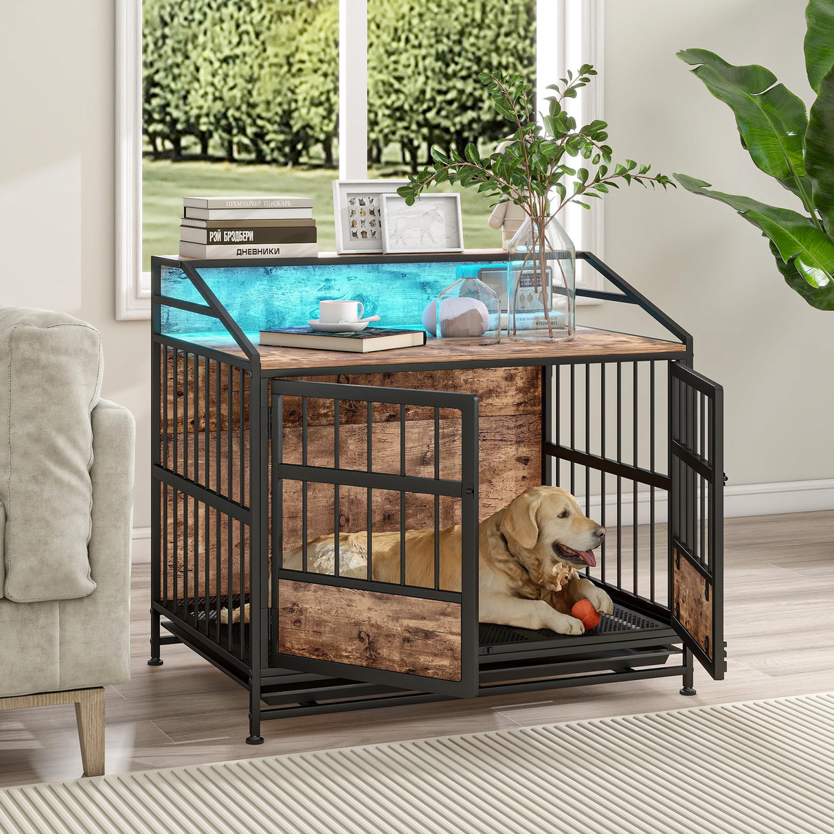 Maliacife Dog Crate Furniture with Led Lights,Heavy Duty Wooden Dog Kennel with Double Doors,Dog House Indoor for Small Medium Dogs,End Table with Shelves,Black and Brown(34.65" L×24.02W×31.5" H) Maliacife