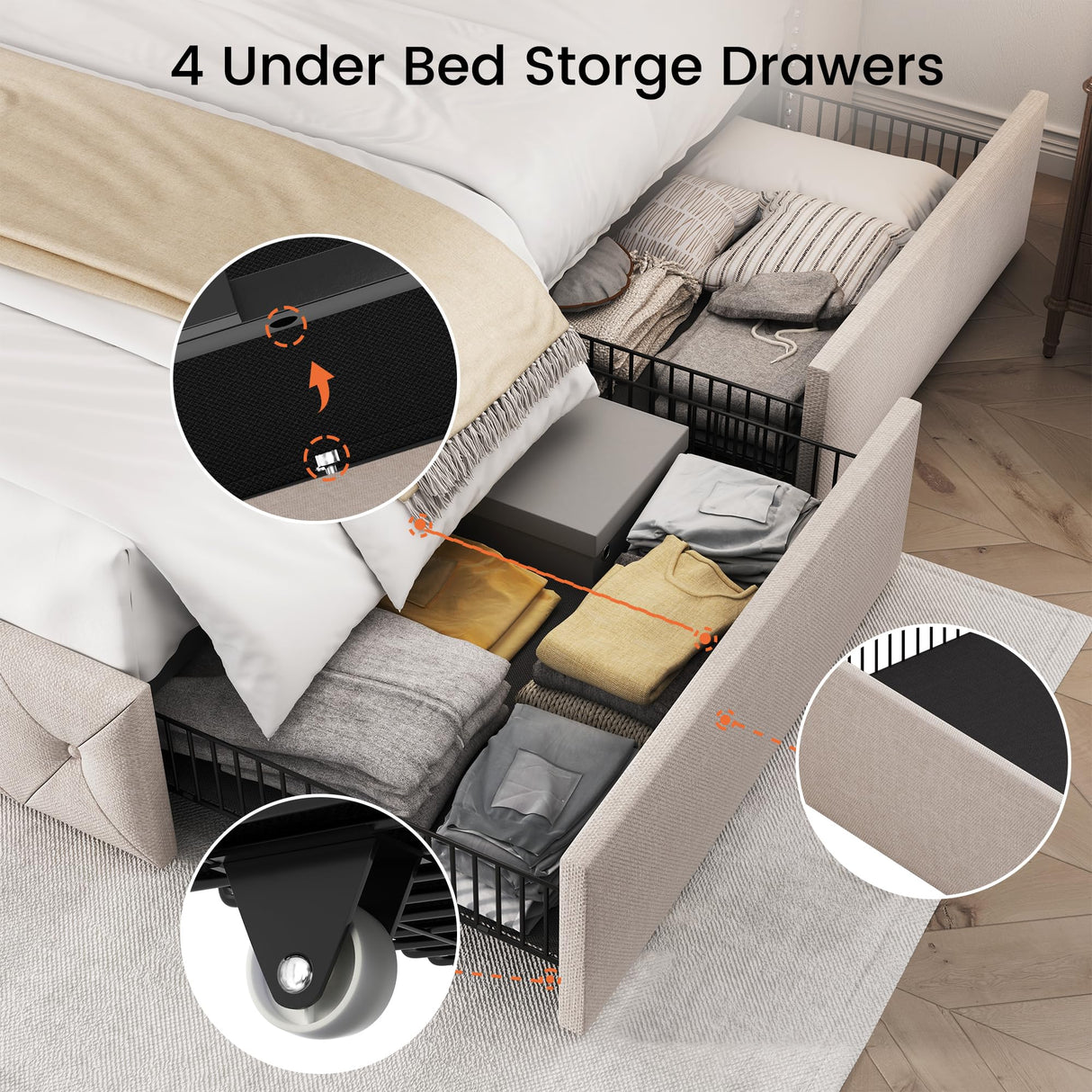 LARMACE King Size Bed Frame with 4 Storage Drawers and Tufted Headboard Linen Upholstered Platform Bed Frame Wingback Beds with Wooden Slats Support, Easy Assembly, Beige LARMACE