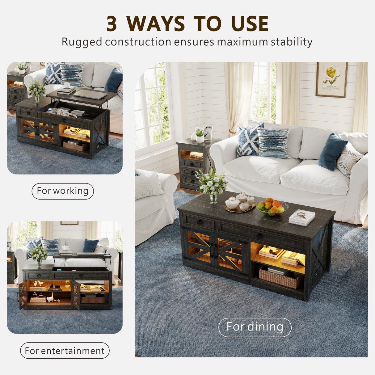 Lvifur 48" W Farmhouse Lift Top Coffee Table with LED Lights & Charging Station, Living Room Center Table with 2 Hidden Storage Compartments, Lifting Tabletop and Adjustable Shelf (Dark Rustic Oak) Lvifur