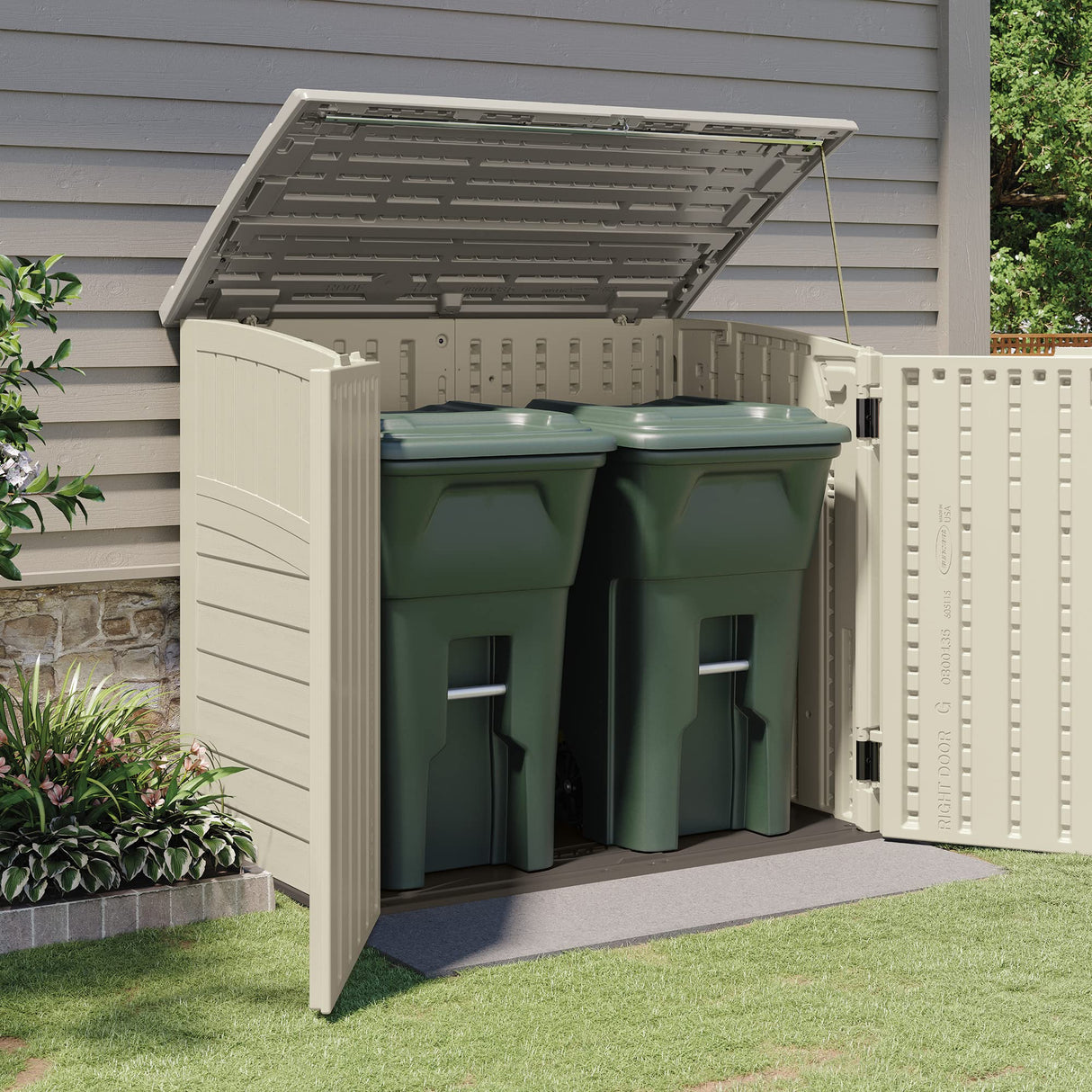 Suncast 2 Pack 34 Cu Ft Capacity Horizontal Outdoor Storage Shed for Garbage Cans, Garden Accessories, Backyard, and Patio Use, Vanilla Suncast