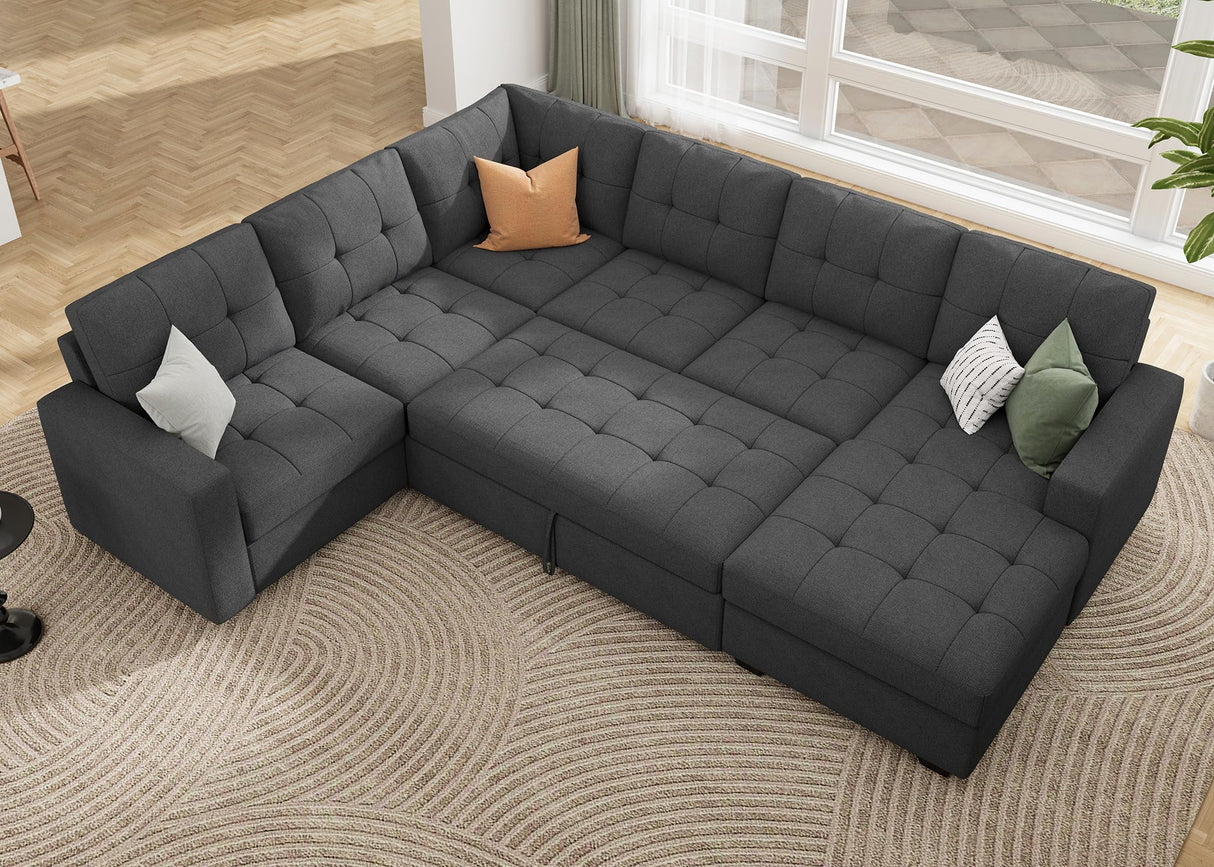 HONBAY Sectional Sleeper Sofa Pull Out Bed with Storage Chaise, Sleeper Sectional Sofa Couch, Sectional Sleeper Bed for Living Room, Dark Grey HONBAY
