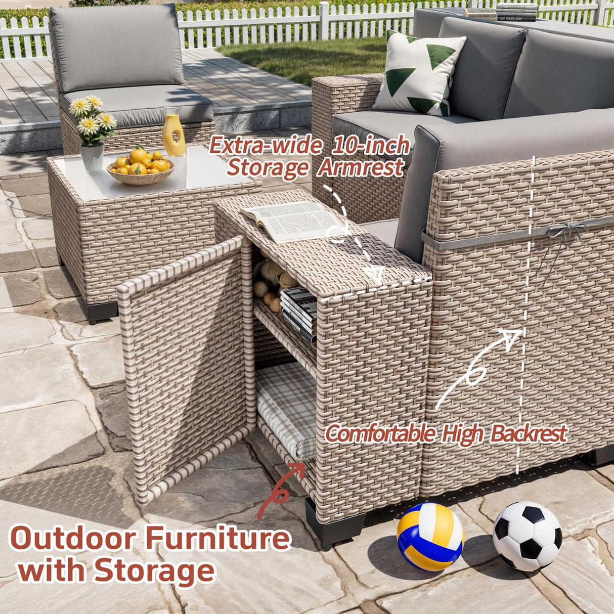 Aukreolis 6 Pieces Patio Furniture Set, Outdoor Sectional Wicker Sofa with Thickened Cushions and Coffee Table, High Back Rattan Patio Conversation Sets for Garden Backyard, Grey Aukreolis