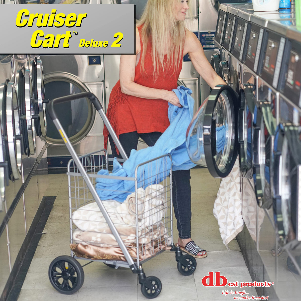 dbest products Cruiser Cart Deluxe 2 Shopping Grocery Rolling Folding Laundry Basket on Wheels Foldable Utility Trolley Compact Lightweight Collapsible, Silver dbest products