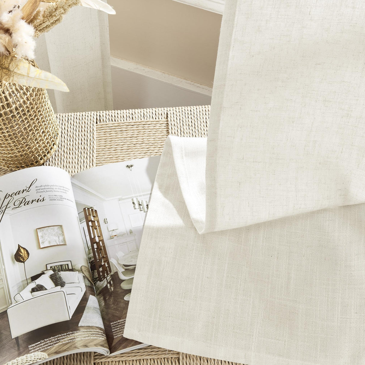 Joydeco Curtains, 108 Inches Long, 2 Panels Set, Farmhouse Drapes for Living Room, Semi-Blackout, Linen-Polyester, Ivory on Linen, Rod Pocket Joydeco