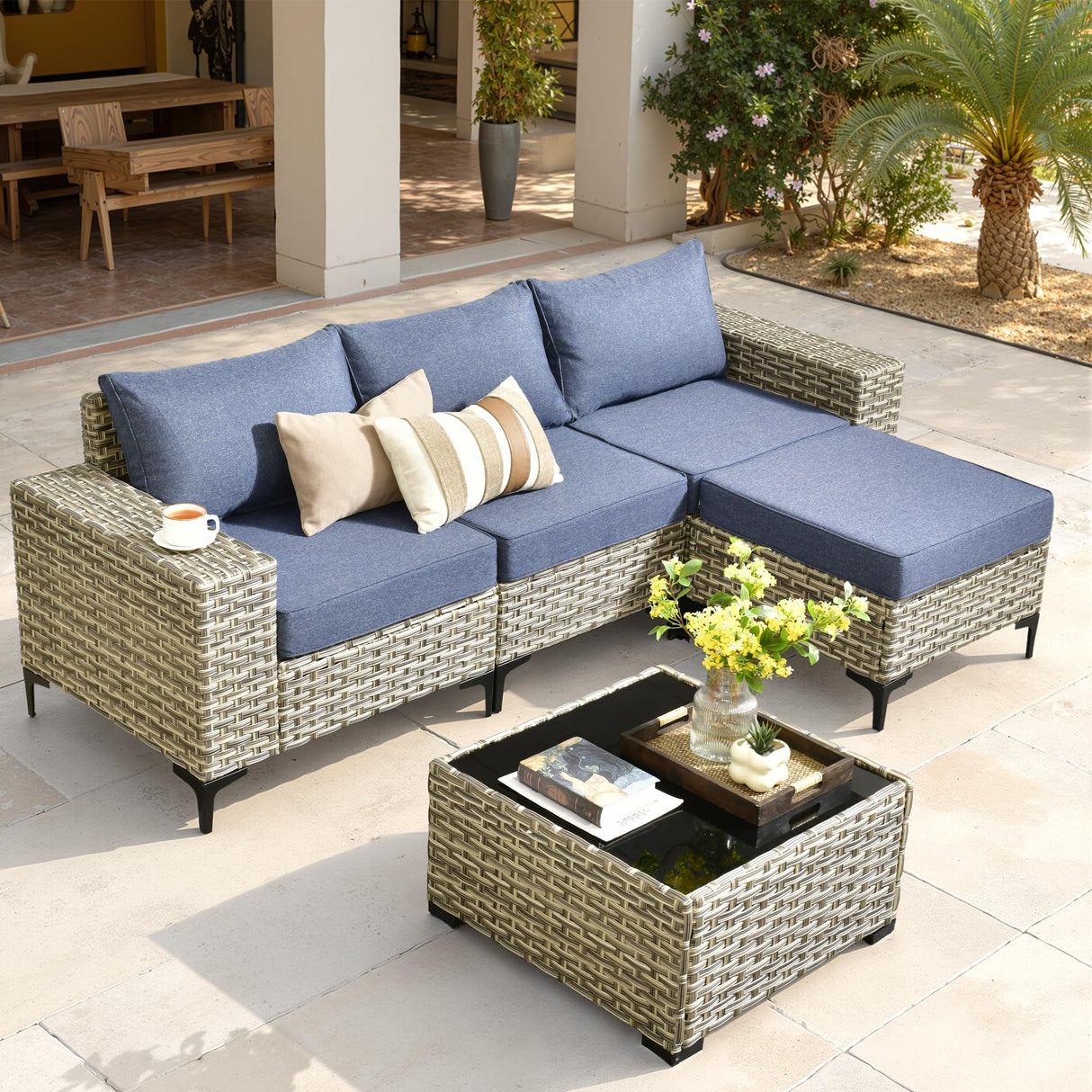 ovios 5 Pieces Patio Furniture Set Outdoor Sectional Sofa Couch with Deep Seat Chaise Comfy Cushions, Modern Modular Wicker Rattan Conversation Set Porch Deck Garden, Denim Blue ovios