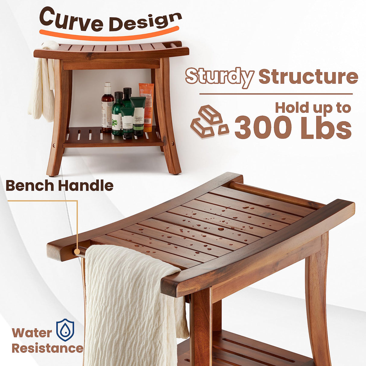 Tinamo Acacia Wood Shower Benches for Inside Shower - Wooden Shower Stool Waterproof for Shaving Legs - Bench Seat with Storage Towel Shelf for Bathroom - Chair Spa Bath (22" x 13" x 18.6") (Acacia) Tinamo