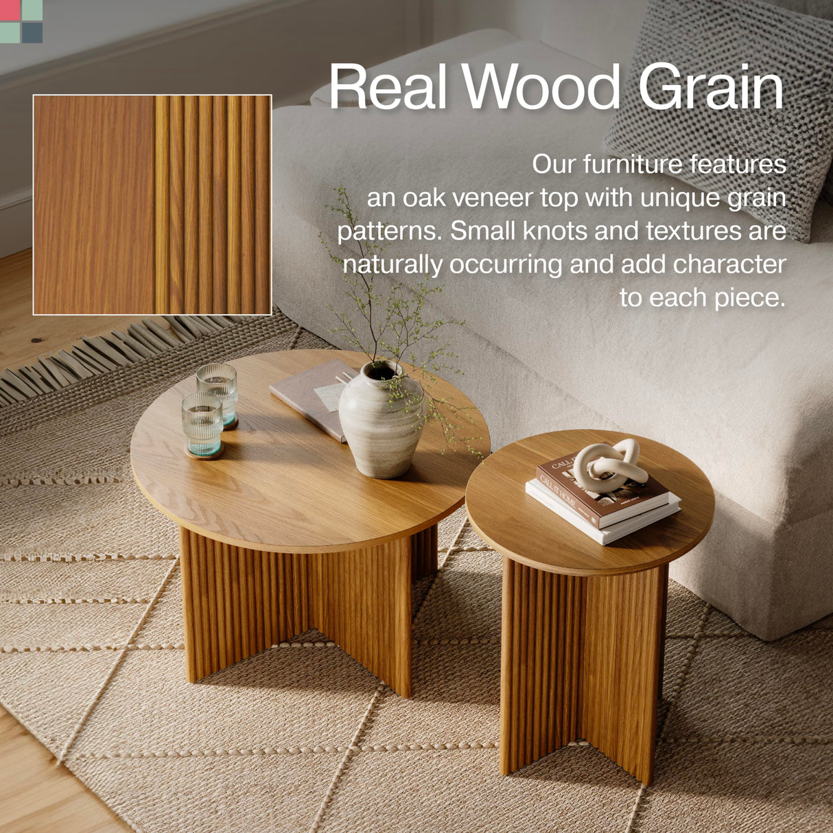 Stead Round Fluted Nesting Coffee Table - 2 Piece Coffee Table Set - Living Room Furniture - Modern Home Decor - Solid Wood Base and Wood Grain Veneer Top (Medium Oak) - Living Room Furniture Sets Stead