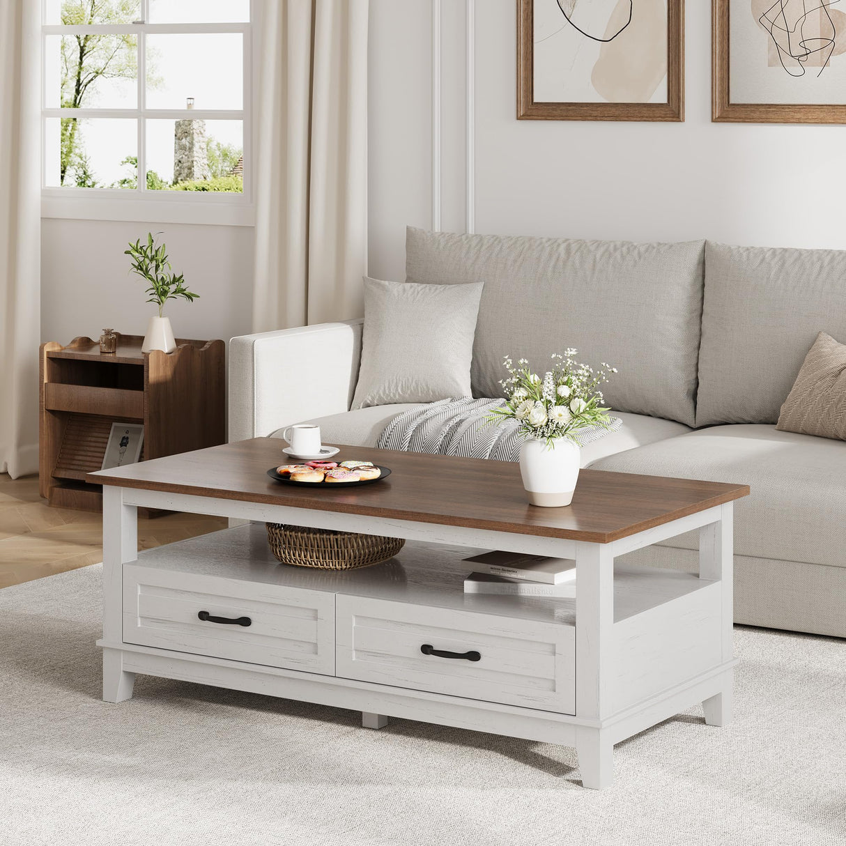 GarveeHome Farmhouse Coffee Table with Drawers, 47.2" Center Table Rustic Coffee Tables White Brown Living Room Table, with Open Shelf and 6 Support Legs GarveeHome