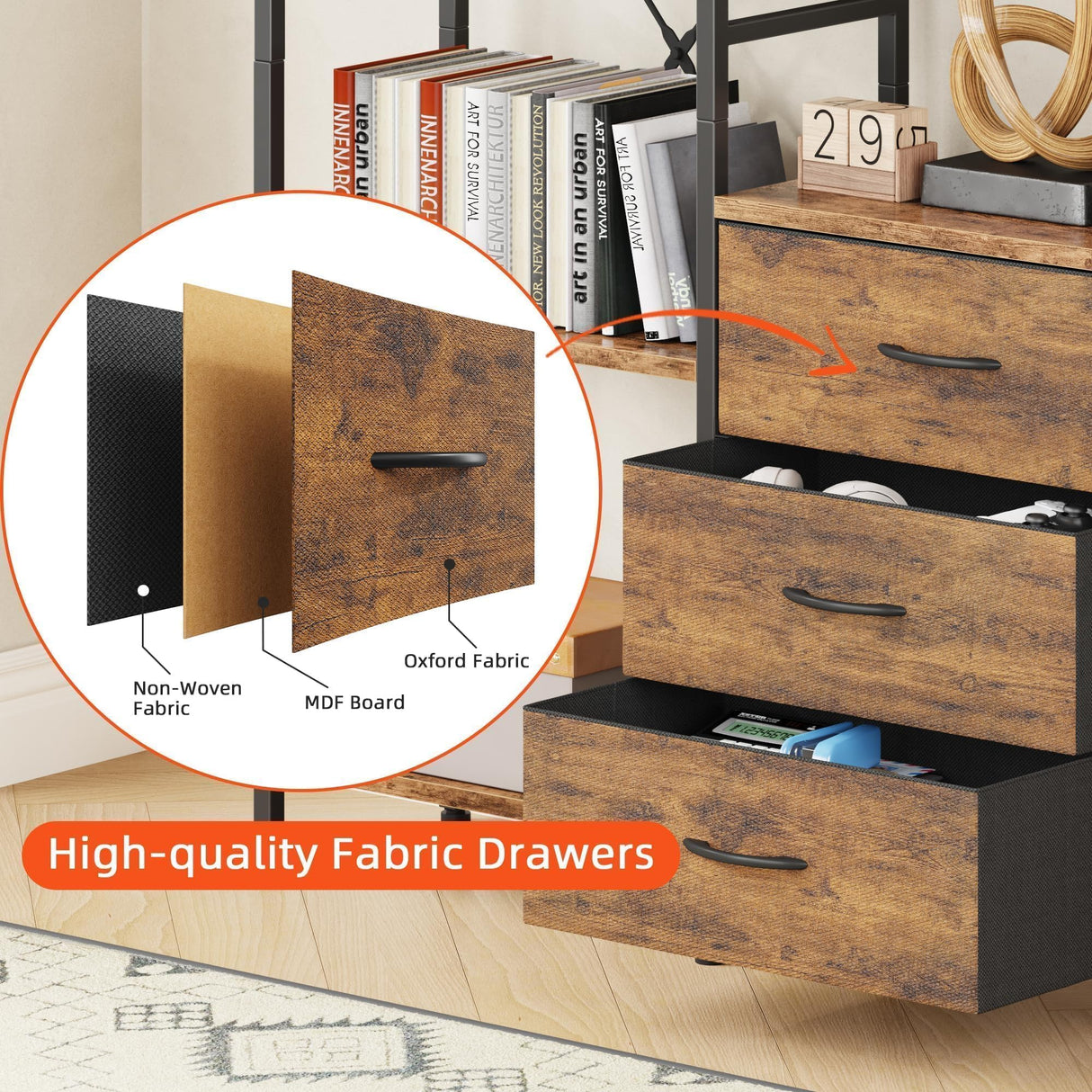 AFLUI Triple Bookshelf with 3 Fabric Drawers, 4-Tier Book Shelf and 10 Display Shelves, Industrial Large Bookcase for Home & Office, Rustic Brown, 47'' Wide AFLUI