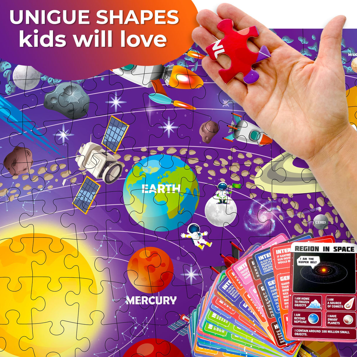 QUOKKA Puzzles for Kids Ages 8-10 - 150 Pcs Jigsaw Puzzles for 6-8 Year Olds - 400+ Facts on 50 Double-Sided Flashcards | Learn Space | Education Activity Gift - Shaped Puzzles for Toddlers 4-6 QUOKKA