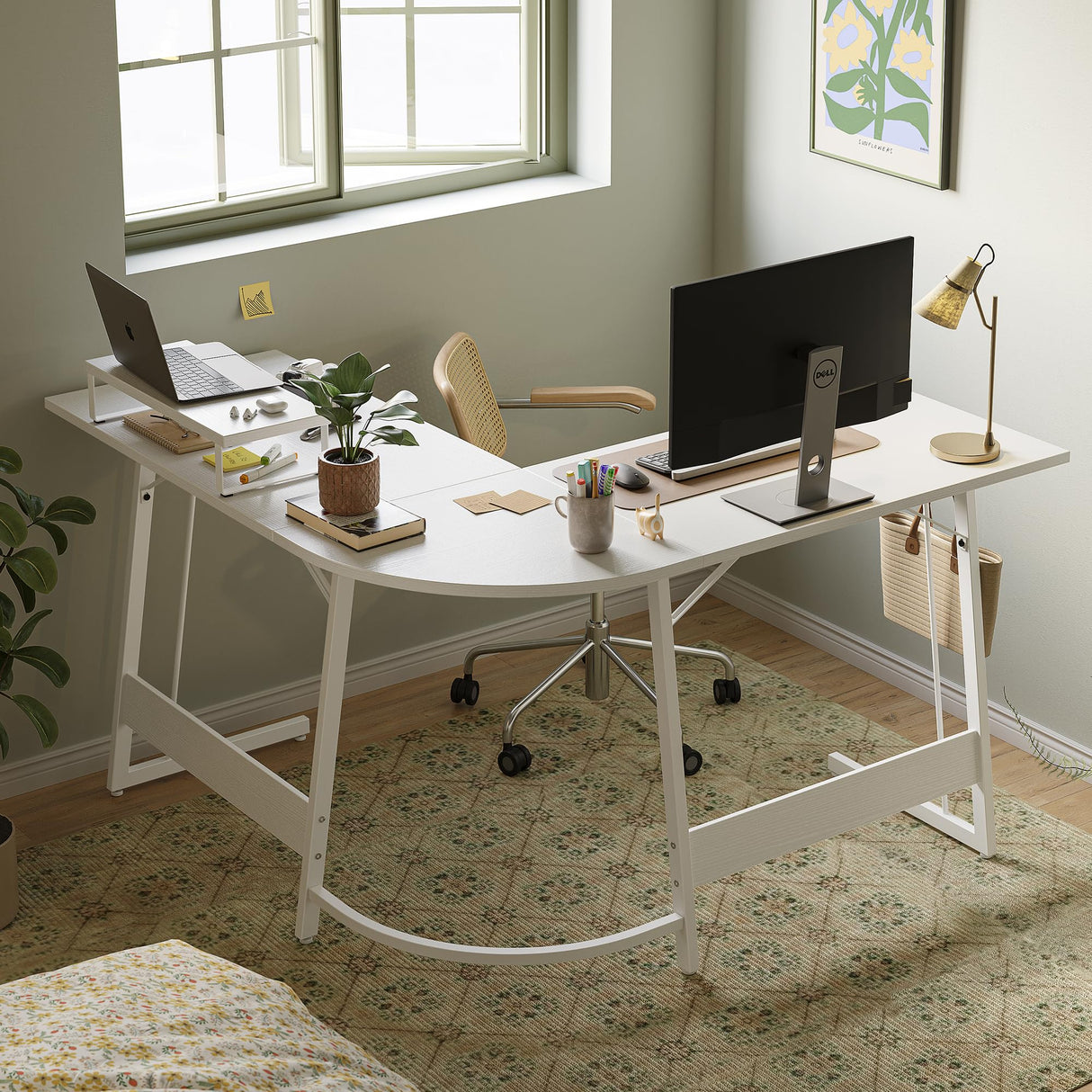 Cubiker L Shaped Desk, Computer Corner Desk, Gaming Desk with Monitor Stand, Home Office Study Writing Workstation, Space-Saving(47 Inch White) Cubiker