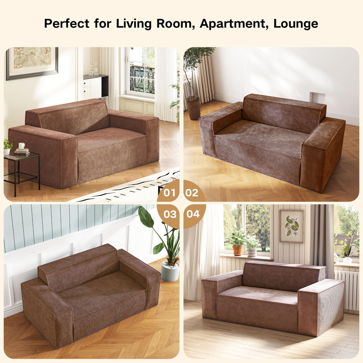 Swbvs Sofa-in-a-Box, Memory Foam 2 Seater Sofa Couch, No Installation & Easy to Move, Modern Living Room Sofa Couch with Corduroy Fabric,Small Love Seat Sofa for Bedroom Apartment Home Office,Brown Swbvs