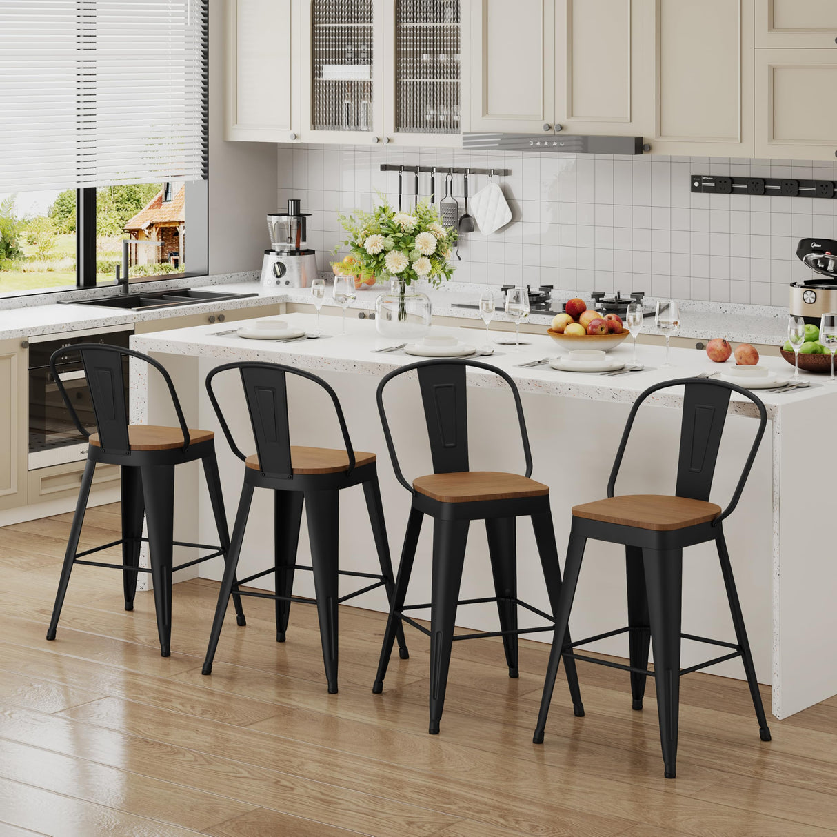 Andeworld Metal Bar Stools Set of 2, 24 inch Counter Height Barstools with Backs Farmhouse Modern High Back Bar Stools with Larger Seat Kitchen Dining Bar Chairs,Matte Black Andeworld