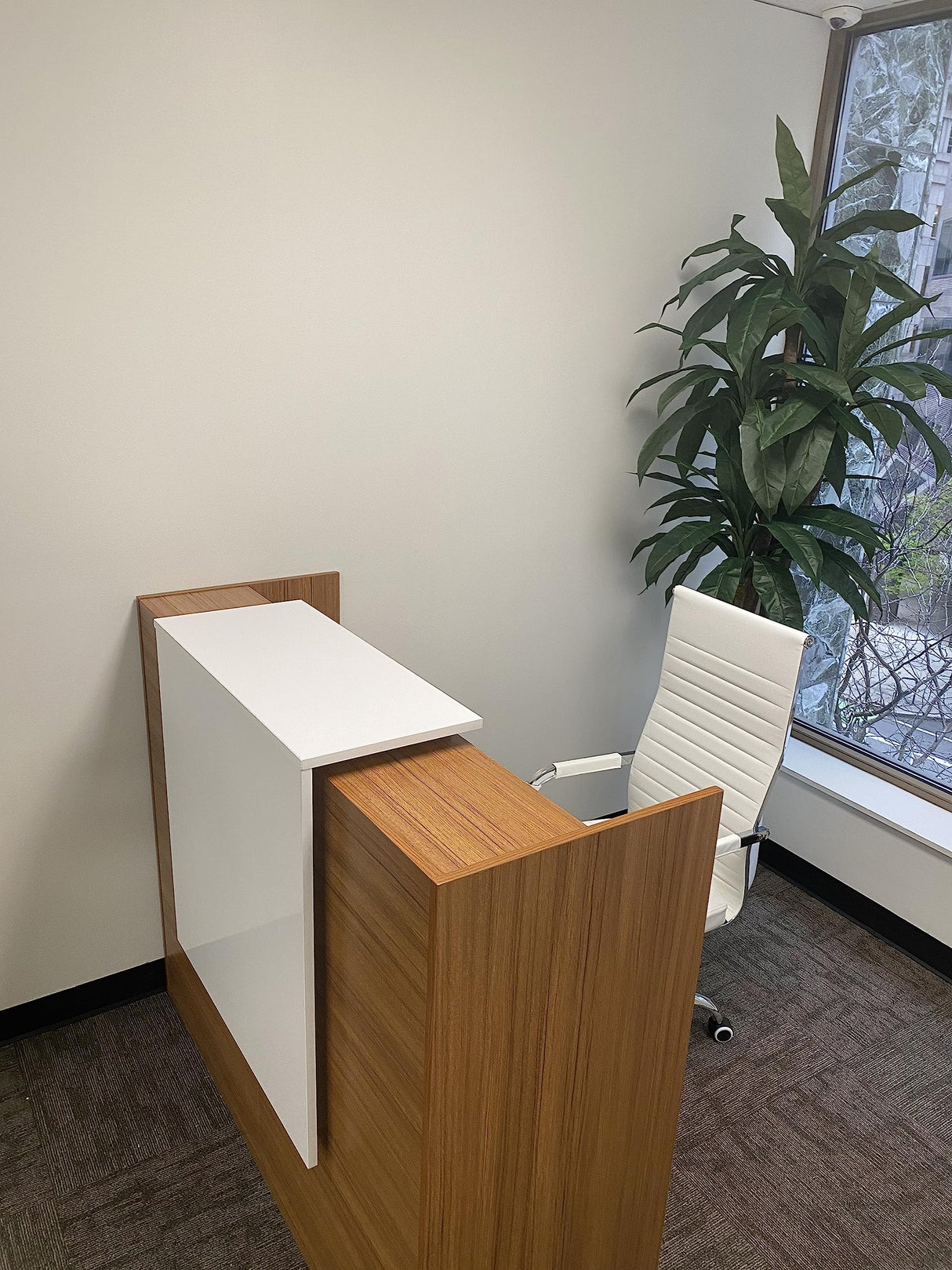 UGOS ICN 53" Modern Reception Desk, Multifunctional Modern,Transaction Countertop, Laminate Desktop, Standing Front Table for Office, Home, School, Salon, Spa - Teak and White UGOS