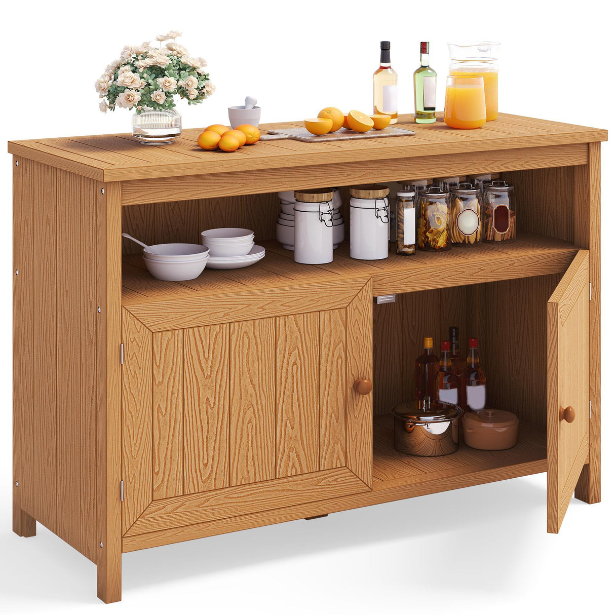 DWVO Poly Lumber Outdoor Sideboard, Patio Bar Table with Storage and Shelves, Weather Resistant Storage Cabinet for Outdoor, Pool and Garden - Brown DWVO