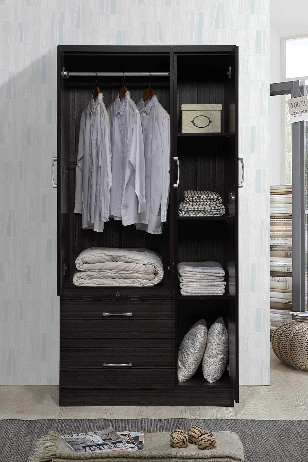 Hodedah 3-Door 2-Drawers, 3-Shelves in Chocolate Bedroom Armoires, 21"D x 36"W x 72"H Hodedah