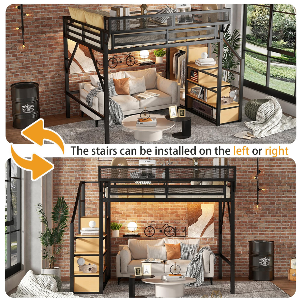 MoproBeti Queen Size Loft Bed Frame for Adults,Metal Lofts Bed Queen with Stairs & Storage Shelves, Heavy Duty High LoftBed with Wardrobe for Teens,Girls Boys, No Box Spring Needed, No Noise, Black MoproBeti