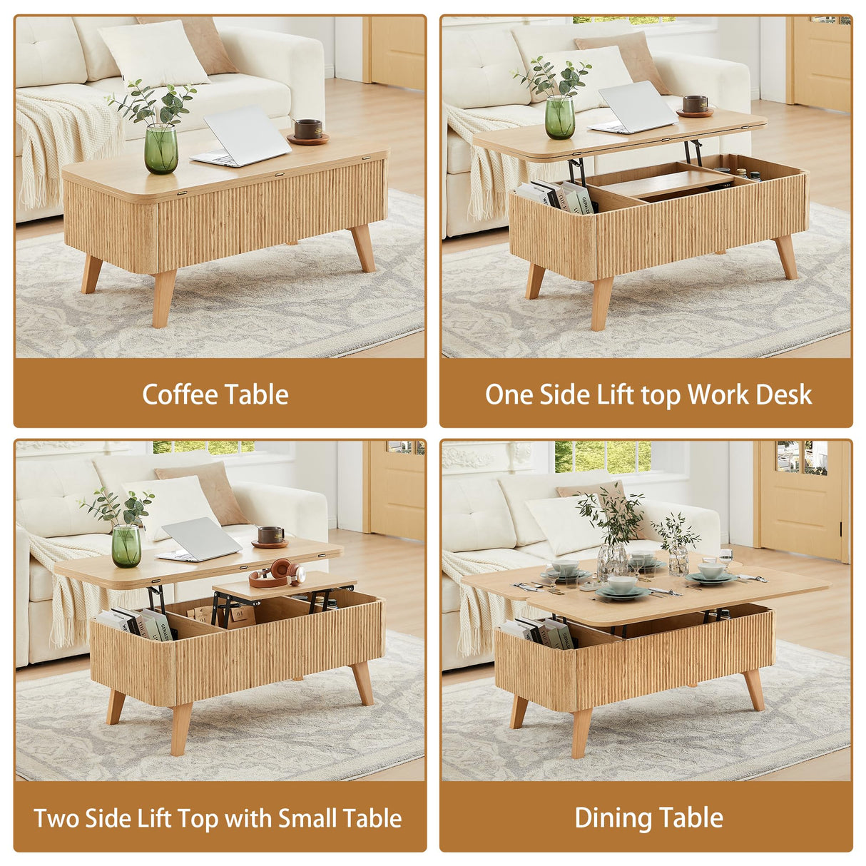 3 in 1 Lift Top Coffee Table, Fluted Convertible Coffee Tables Converts to Dining Tables, Modern Oval Wooden Center Table with Storage for Living Room Office Small Space, Partial Assembly (Natural) ORRD