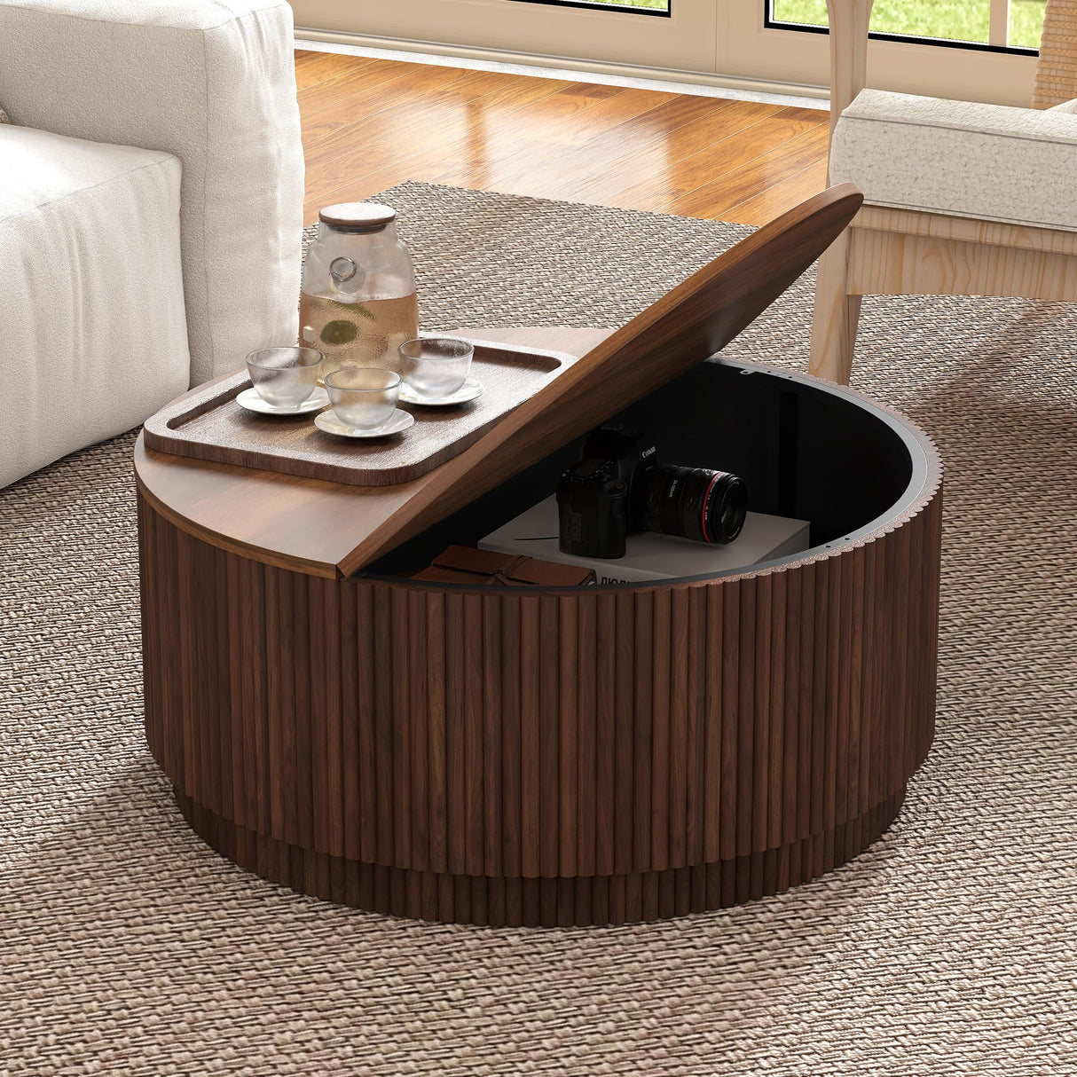 31.5" Round Coffee Table with Storage, Mid Century Modern Coffee Tables with Fluted Base, Wooden Circle Accent Center Table for Living Room Small Space Apartment Office (Walnut) LEVNARY