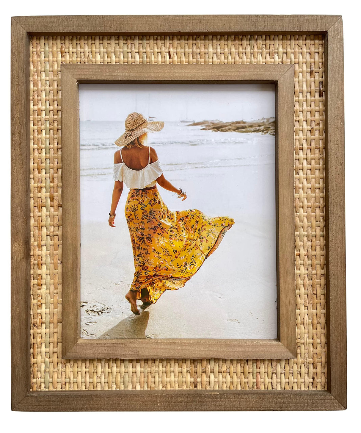 Rattan and Wood Picture Frame - Coastal or Boho Photo Frame For 8"x10" Photos - Tabletop Stand and Wall Mount Fairwood Way