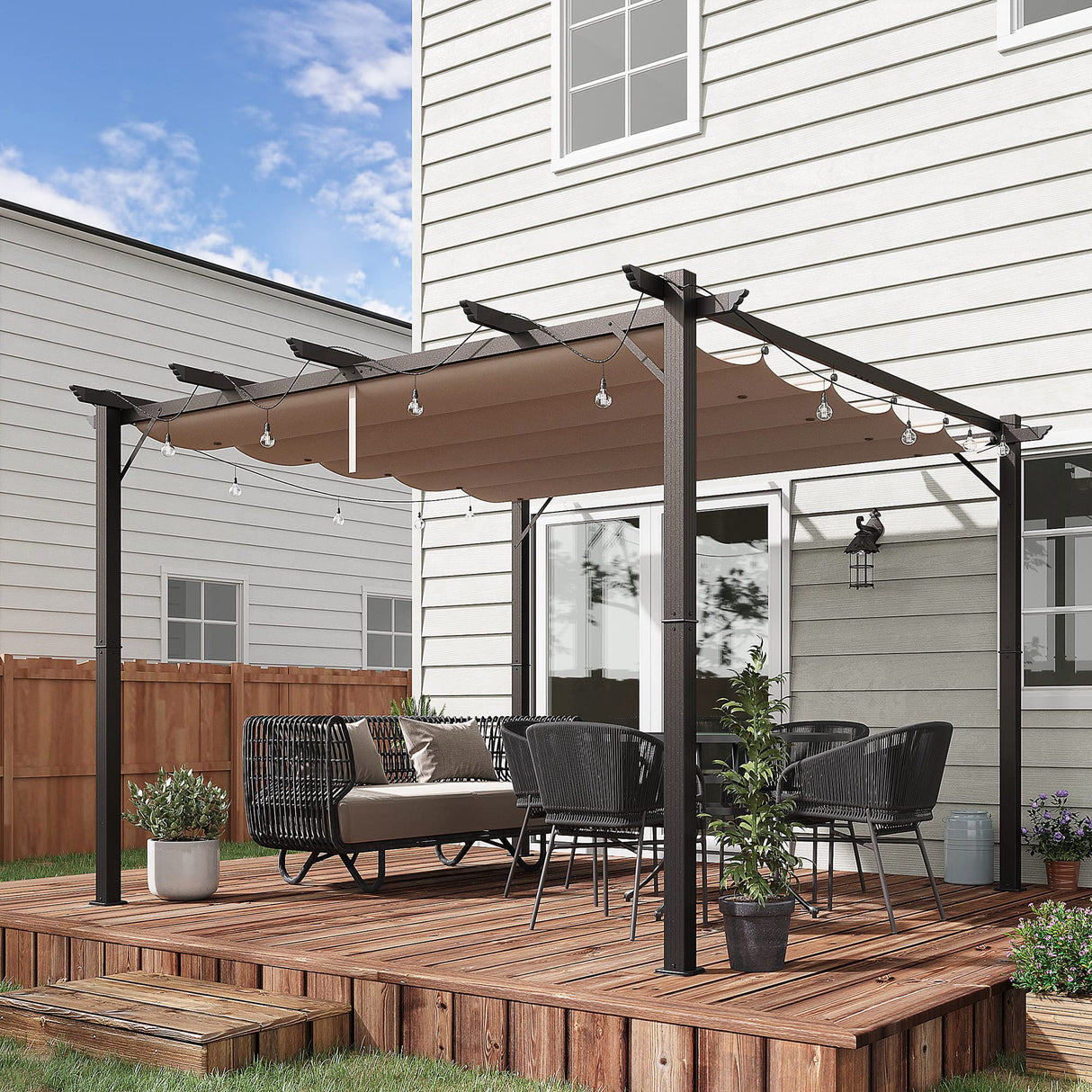 Outsunny 10' x 10' Aluminum Patio Pergola with Retractable Pergola Canopy, Backyard Shade Shelter for Porch, Outdoor Party, Garden, Grill Gazebo, Brown Outsunny