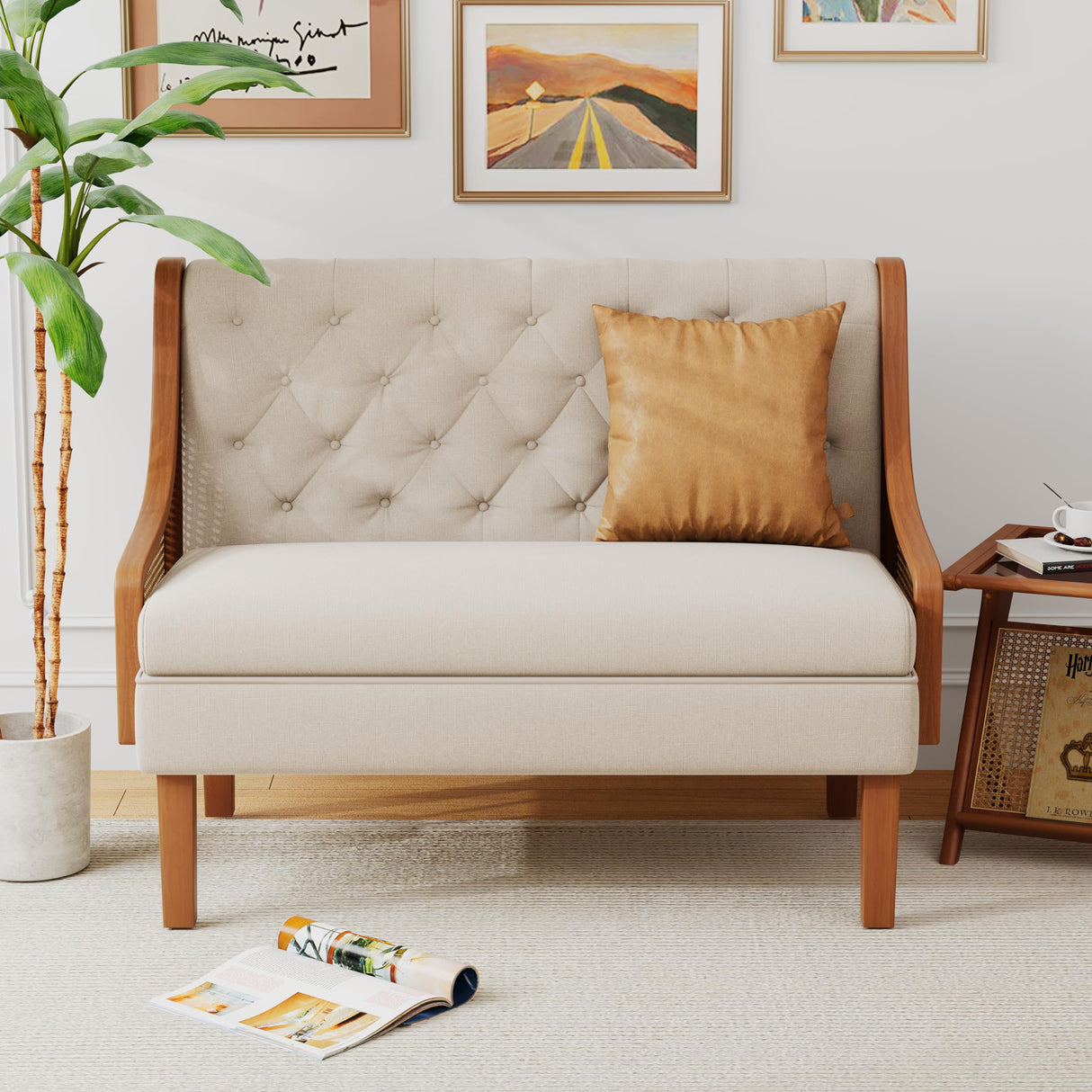 Andeworld Loveseat Settee Bench with Natural Rattan Arms,Upholstered Modern Mini Sofa Couch,Banquette Dining Bench Love Seat for Living Dining Room Bedroom Office Small Space Entryway,Beige Andeworld