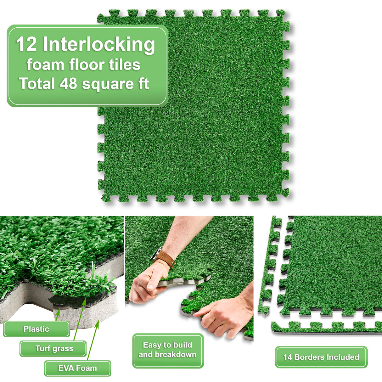 Sorbus Grass Foam Floor Tiles - 12 Interlocking Mats of 24"X24” Total of 48 Sq Ft for Kids Outdoor Toys, Playroom, Deck, Patio, Basement Home Gym - Artificial Carpet Grass Turf Indoor Outdoor Flooring Sorbus