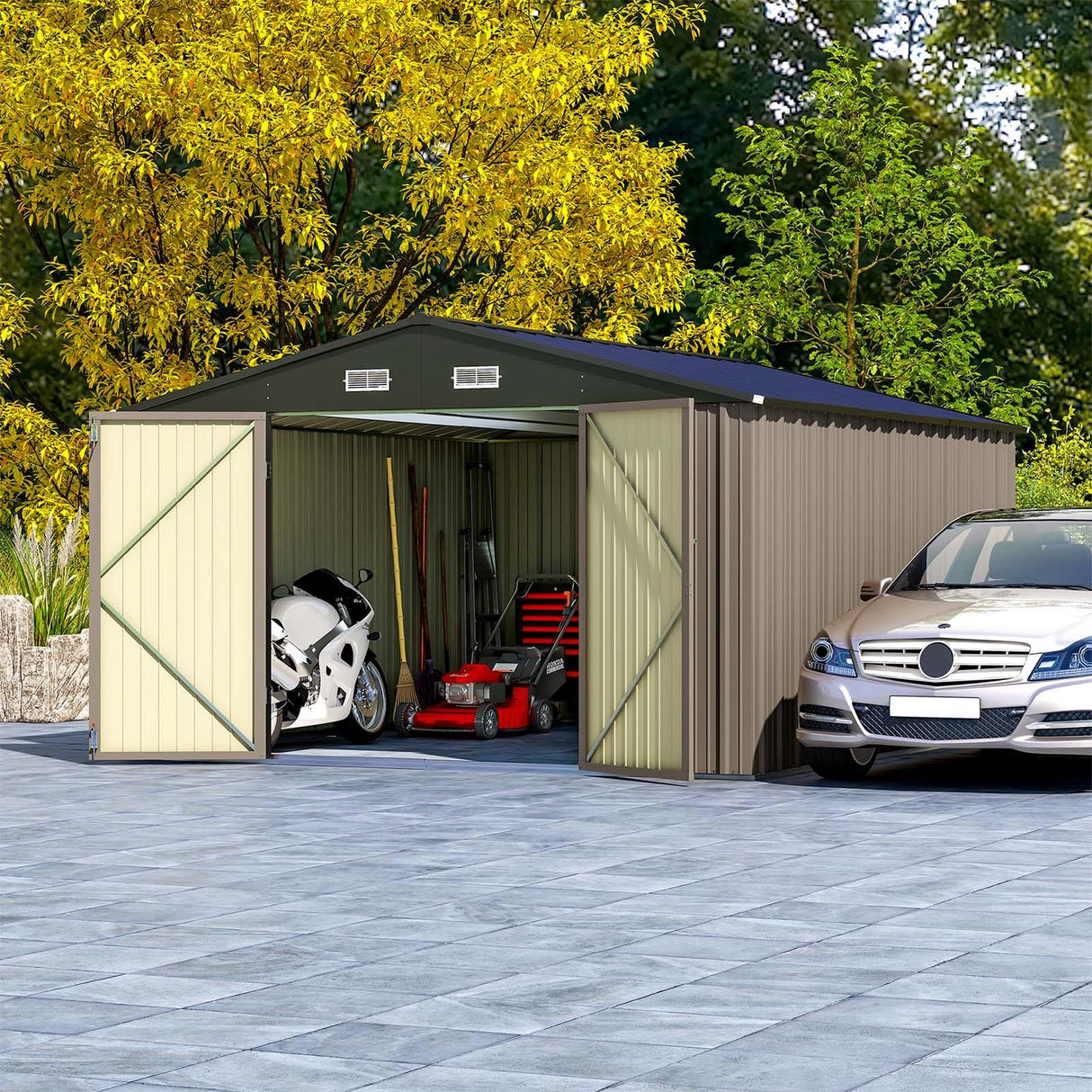 Patiowell 10 x 12 FT Metal Storage Shed for Outdoor, Steel Yard Shed with Design of Lockable Doors, Utility and Tool Storage for Garden, Backyard, Patio, Outside use Patiowell