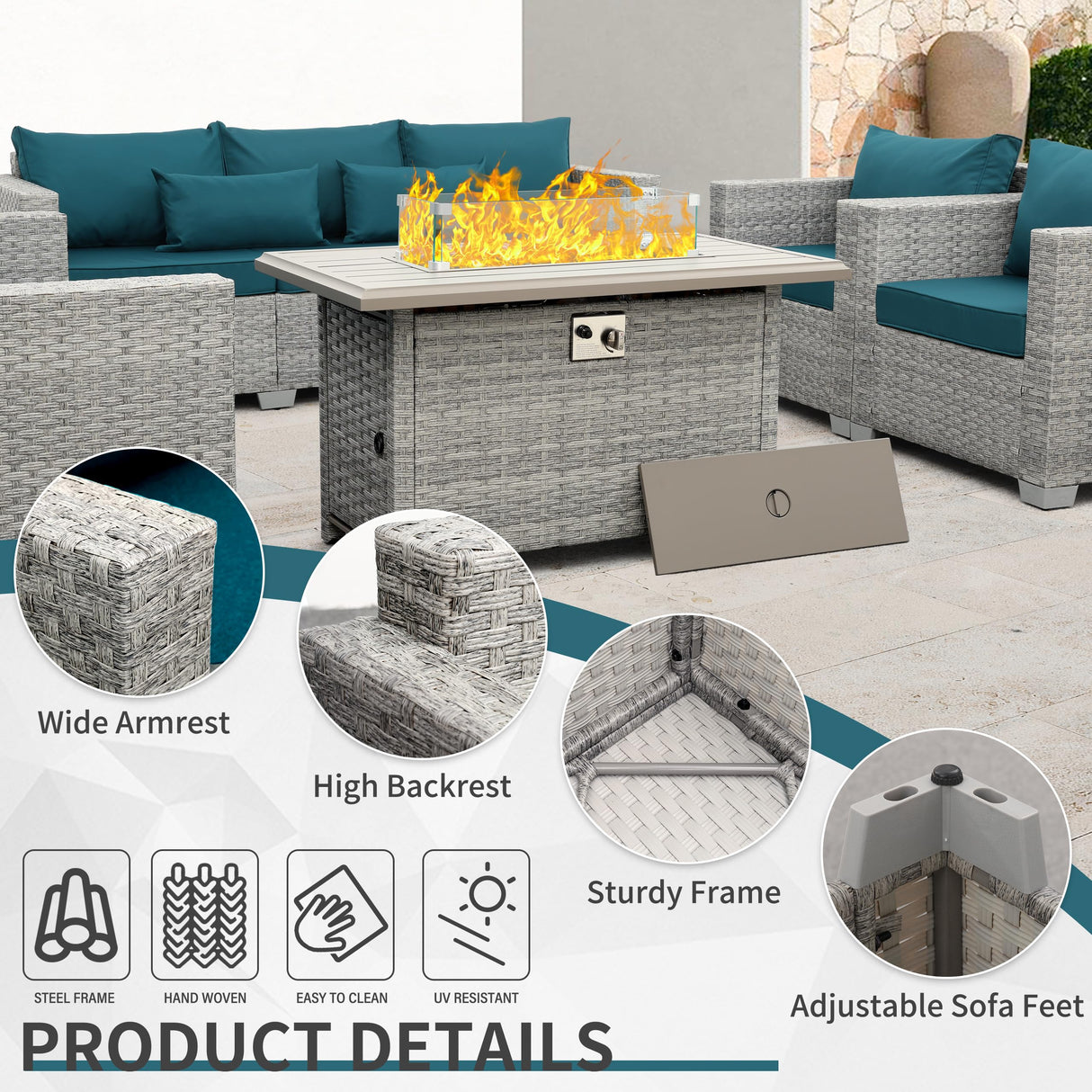 WAROOM Patio Furniture Set 6 Piece Grey Wicker Outdoor Furniture Patio Sectional Sofa Couch PE Rattan Conversation Sets with Fire Pit Table, Peacock Blue Cushion WAROOM