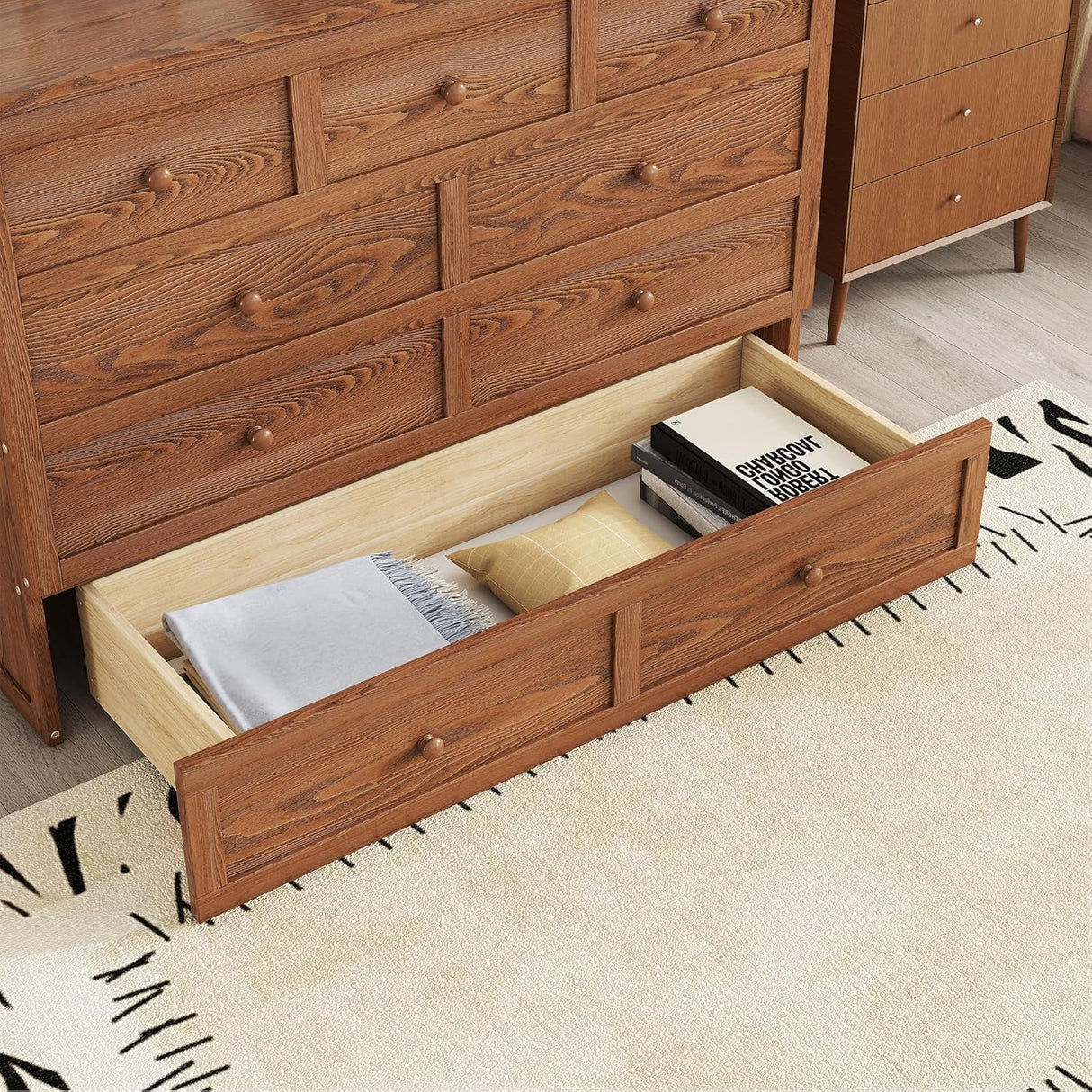 MERITLINE Solid Pine Wood Full Murphy Bed with Storage Drawer and Charging Station,Wood Folding Walnut Murphy Chest Bed Cabinet for Adults MERITLINE