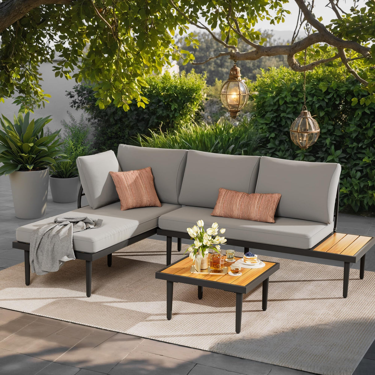 Devoko Outdoor Sectional Furniture Patio Sectional Sofa with Acacia Wood Table, Patio L-Shaped Conversation Set with All-Weather Cushion for Patio,Garden,Backyard(Gray) Devoko