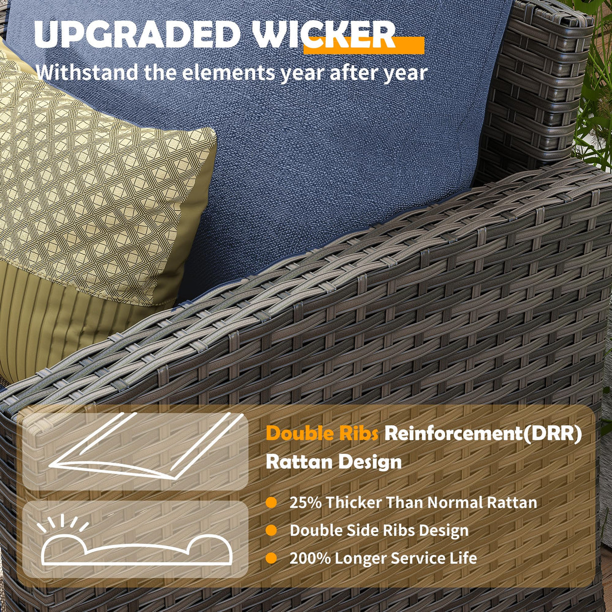 UDPATIO Outdoor Patio Furniture Set with 44" Fire Pit Table, 8 Pieces Sectional Conversation Sets, All-Weather Wicker Rattan Sofa Ottoman with 4" Thick Cushion for Garden Backyard Deck, Navy Blue UDPATIO