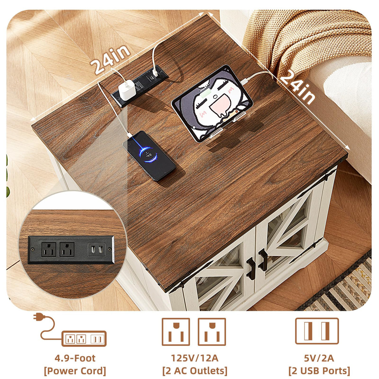 Joaxswe 24" End Table with Charging Station, Farmhouse Night Stand with Glass Barn Door, White Nightstands with Adjustable Storage Shelf, Large Wood Square Bed Side Table for Living Room,Bedroom Joaxswe