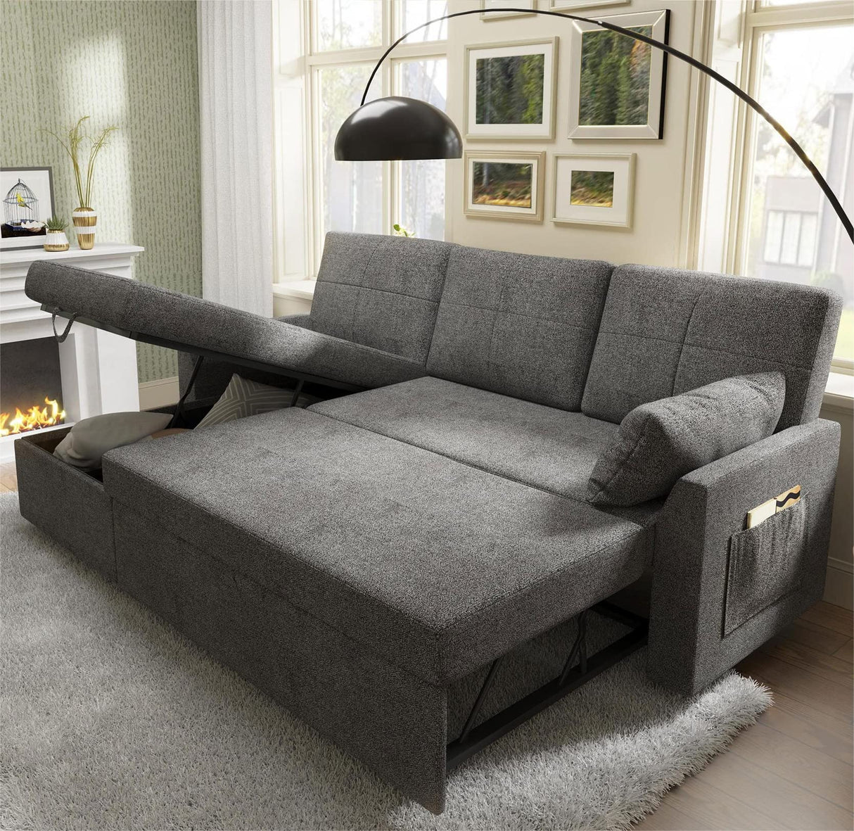 VanAcc Sleeper Sofa, Sofa Bed- 2 in 1 Pull Out Couch Bed with Storage Chaise for Living Room, Sofa Sleeper with Pull Out Bed, Grey Linen Couch VanAcc