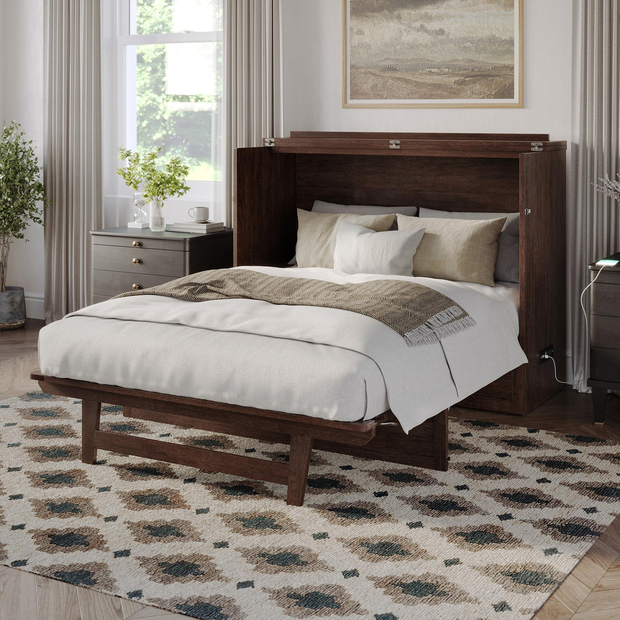 AFI, Northfield Murphy Bed Chest Full with 6" Mattress, Storage Drawer & Built-in USB Charger, Burnt Amber AFI