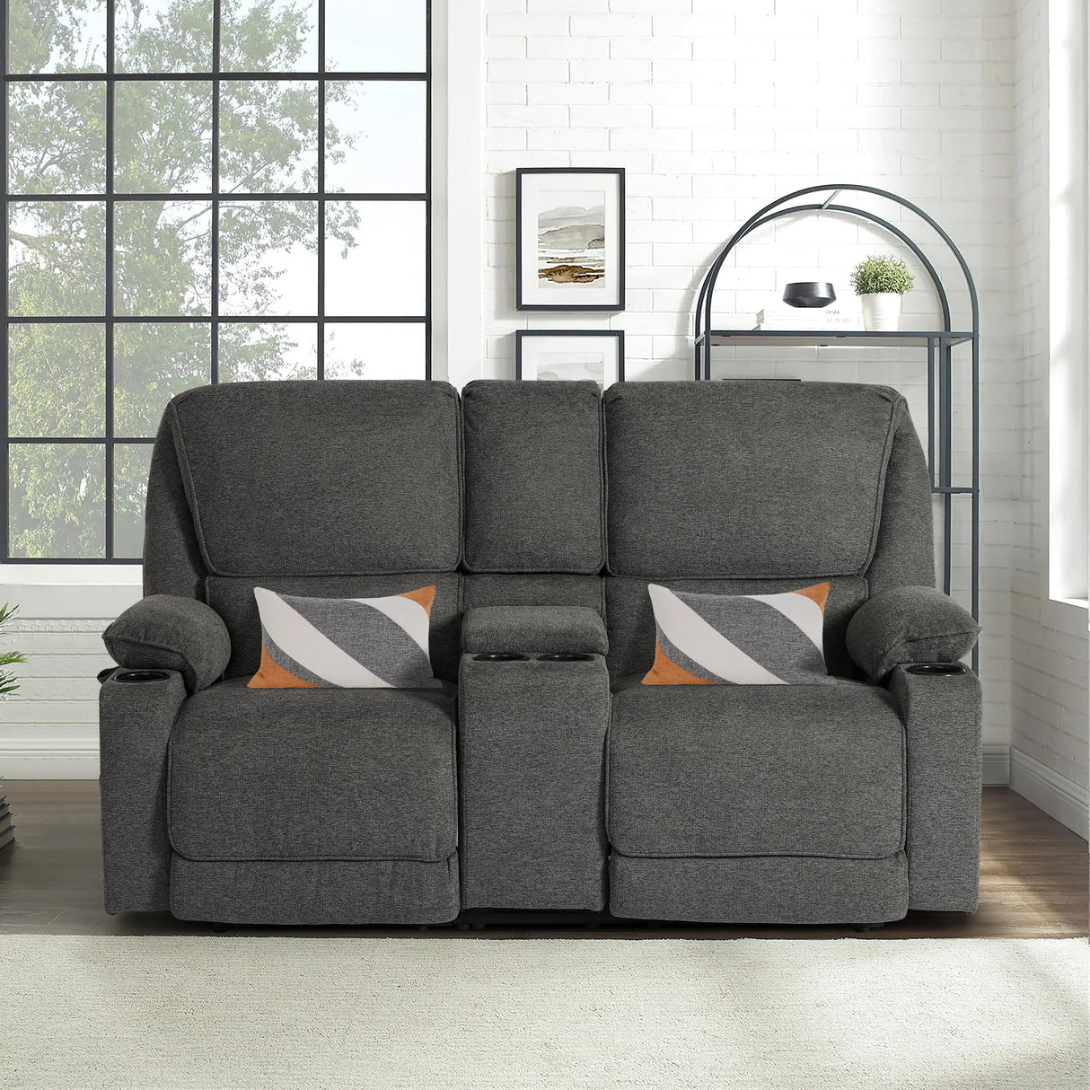 YOCONYO Loveseat Recliner, RV Reclining Loveseat, Home Theater Seating, Manual Loveseat with Console, 4 Cup Holders, 2-Seater Recliner Sofa, RV Furniture for Travel Trailers, Livingroom (Dark Grey) YOCONYO