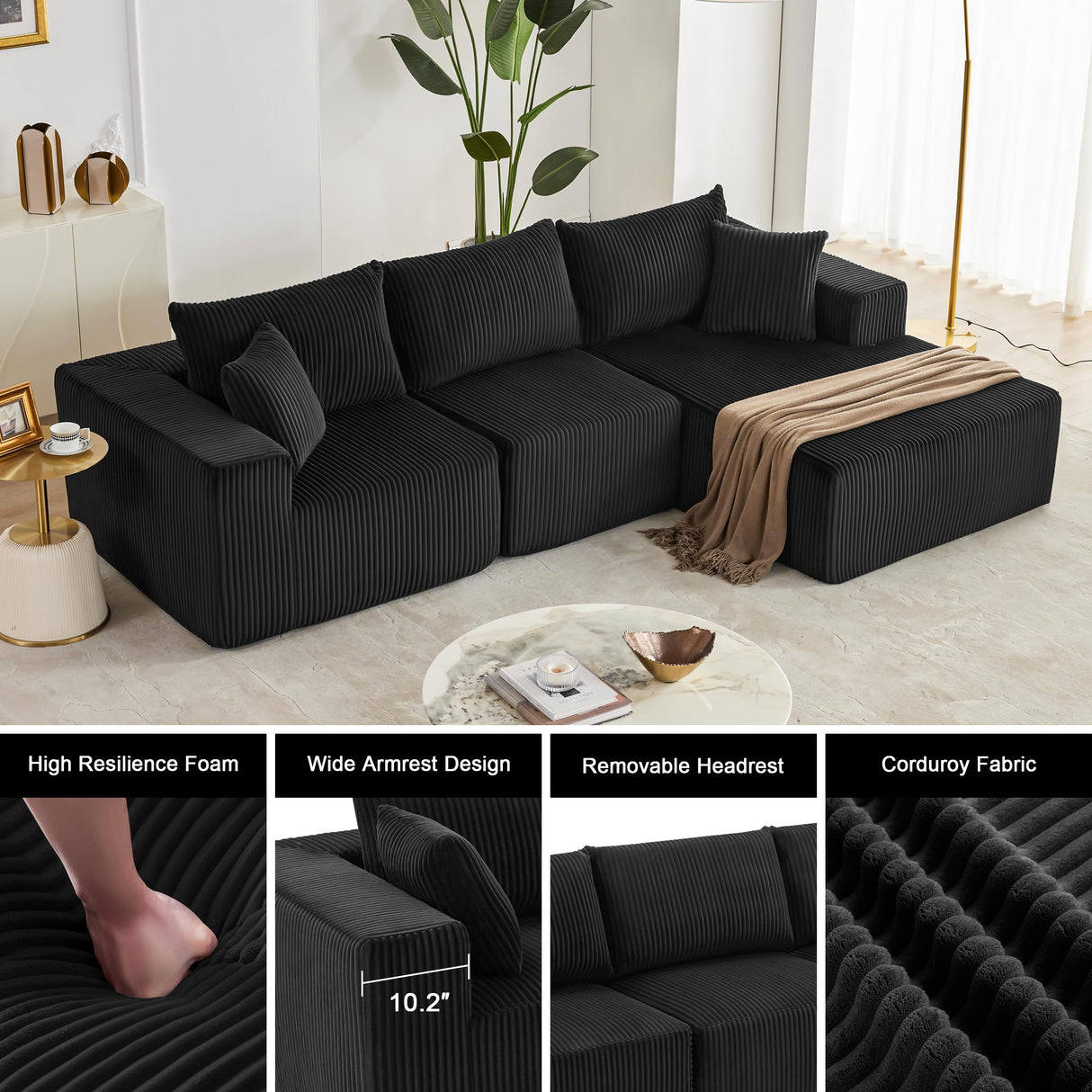 108” Modular Sectional Sofa, Cloud Sectional Couch with Deep Seat, Modern Modular L-Shape Sofa Couch with Chaise,Upholstered Couches for Living Room Bedroom (Black, Right Facing Chaise) Weture
