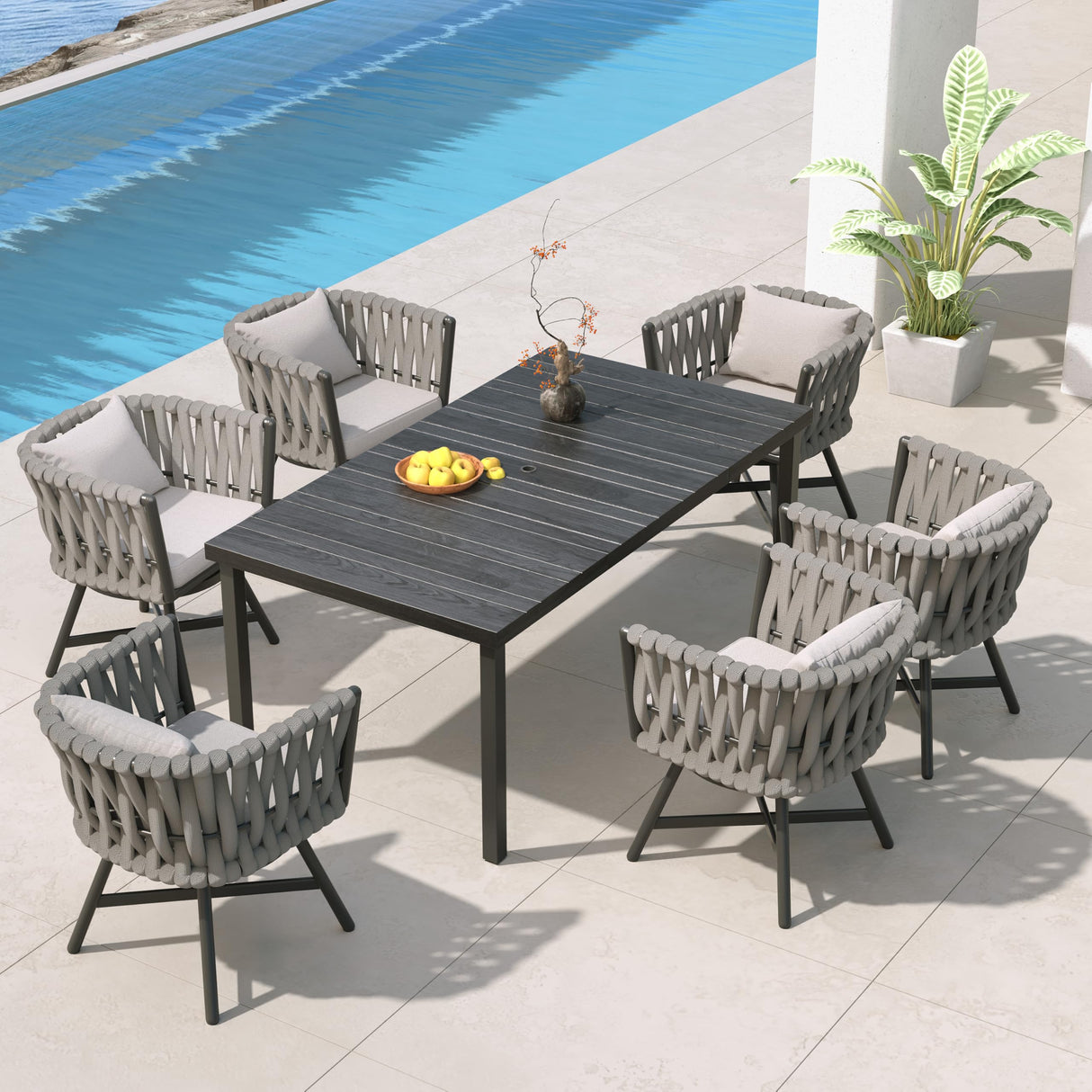 Grand patio 7-Piece Outdoor Dining Set for 6, Patio Dining Furniture Set for 6 Swivel Rope Wicker Chairs & 1 Straight Legs Rectangular Dining Faux Woodgrain Table with Umbrella Hole, Grey Grand patio
