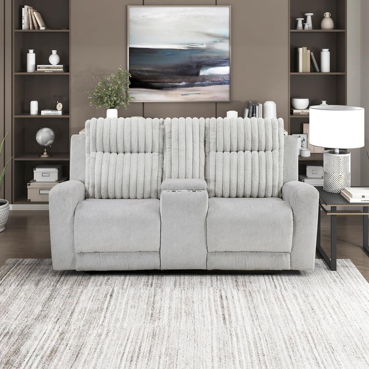 Lexicon Modern Double Recliner Loveseat with Center Console, Manual Wall Hugger Textured Microfiber Love Sac Couch, Plush Corduroy Channel Seat Back, Manual Recliner Loveseat, Light Gray Lexicon