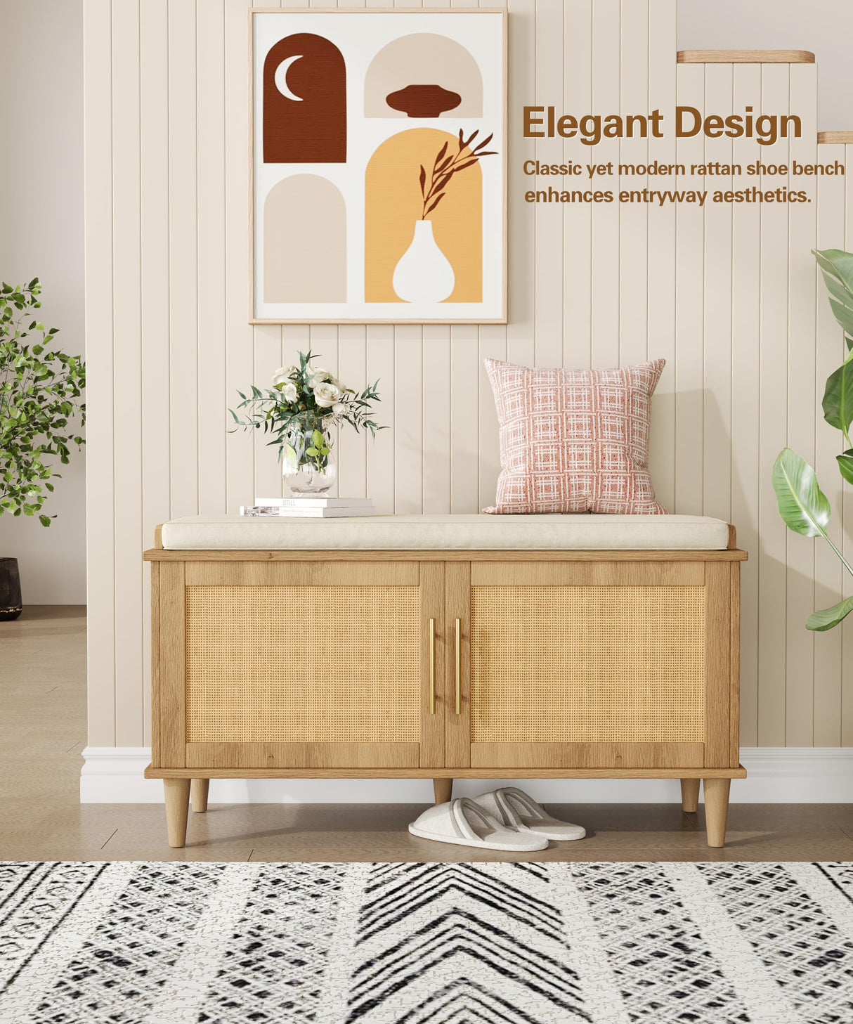 Akxomel Natural Rattan Shoe Storage Bench with Cushion, Entryway Shoe Cabinet Bench with 2 Doors, 15"D x 39.4"W x 20"H, Wooden Shoe Organizer, Adjustable Shelf, Solid Wood Legs, for Hallway, Bedroom Akxomel