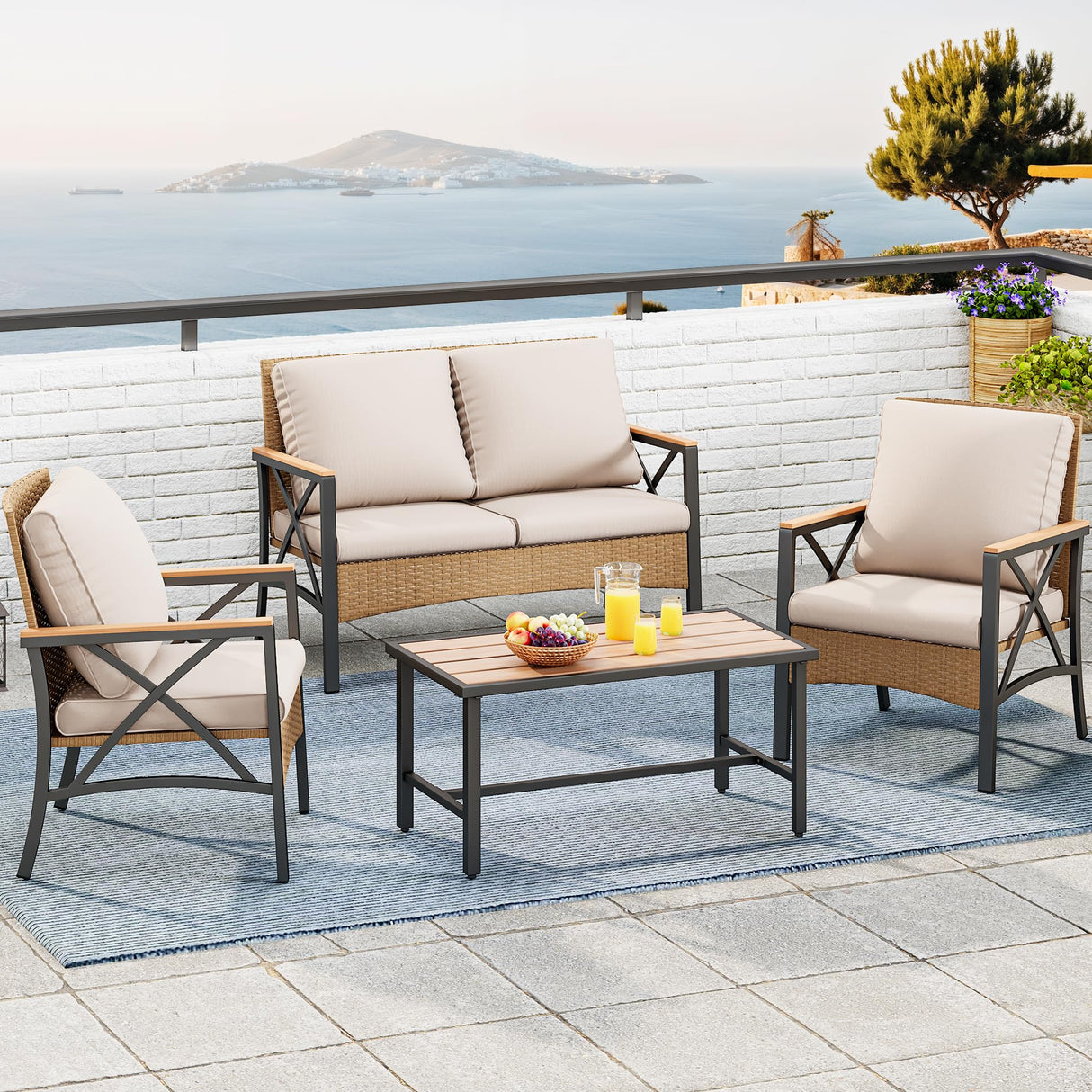 YITAHOME 4-Piece Patio Wicker Furniture Set with Wood Armrest, All Weather Rattan Conversation Furniture Sets for Backyard, Balcony, Deck w/Soft Cushions and Plastic Wood Table (Light Brown+Beige) YITAHOME