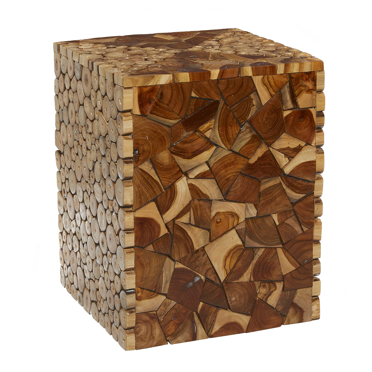 Deco 79 Teak Wood Handmade Side End Accent Table End Table with Mosaic Wood Chip Design, Side Table 14" x 14" x 18", Brown Deco 79