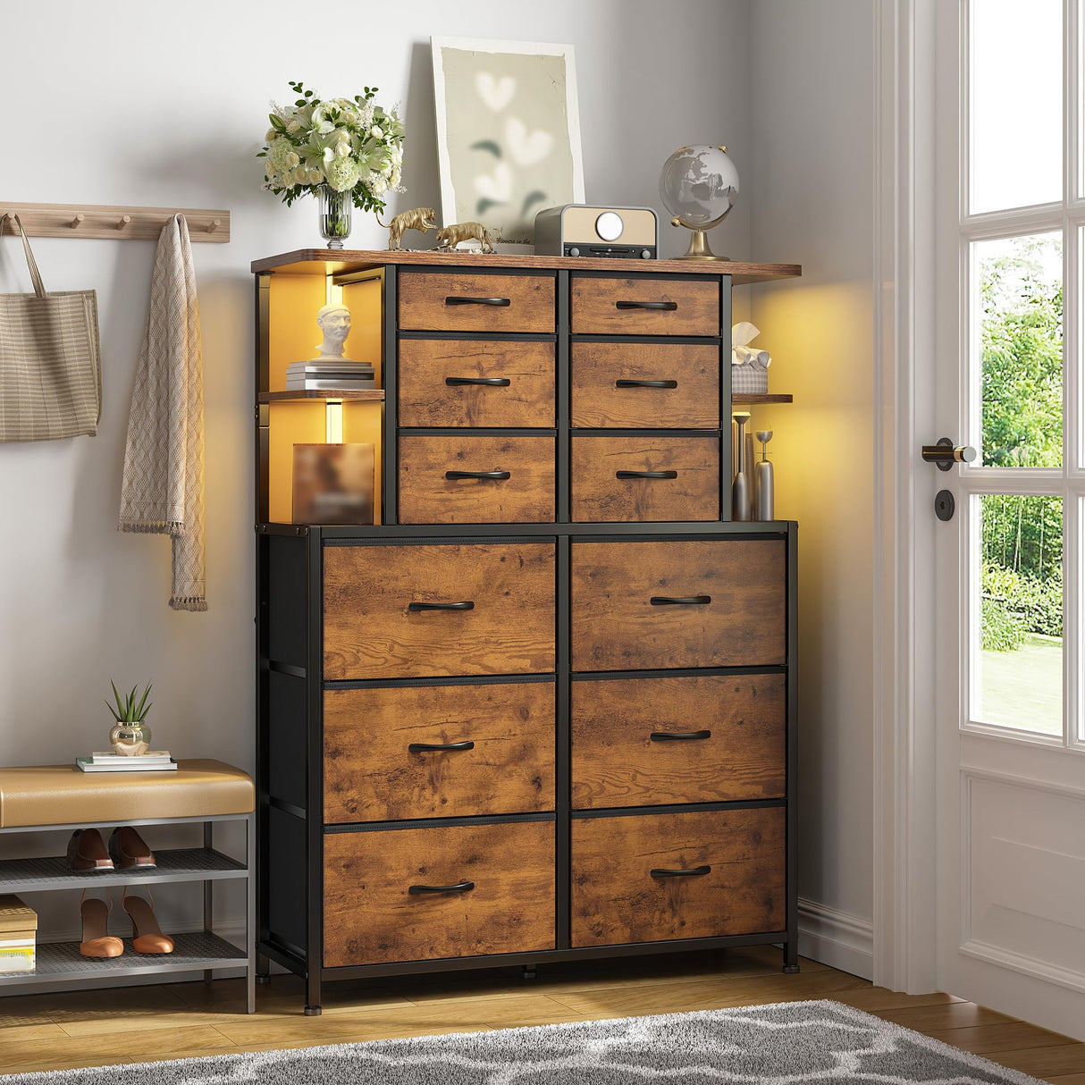 EnHomee Dresser for Bedroom with LED Lights, 12 Drawers Bedroom Dresser, Dresser and Tall Dresser with Open Shelves, Fabric Dressers & Chests of Drawers with Sturdy Metal Frame, Rustic Brown EnHomee