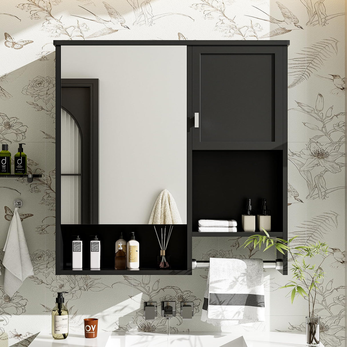 Virubi Modern Bathroom Medicine Cabinet, Bathroom Wall Storage Cabinet with Mirror, Over The Toilet Space Saver Cabinet with Towels Bar (Black) Virubi