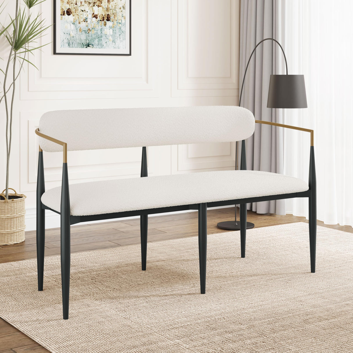 55" Metal Loveseat Settee,Modern Upholstered Sofa with Iron Frame,Upholstered Plush Seating,Gold Trim & Open Backrest, Compact Design for Small Spaces,Living Room,Bedroom,Apartments,Lofts,White GDFStudio